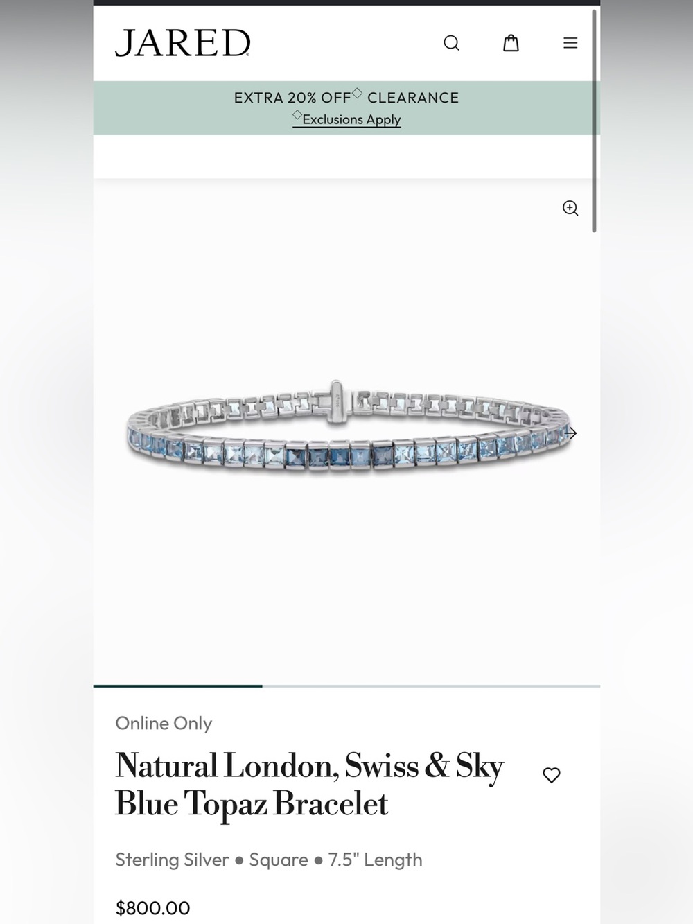 Jared Princess Cut Blue Topaz Tennis Bracelet 925 Sterling